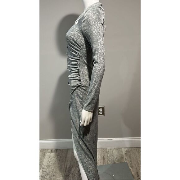 Alexis Admor Cutout Silver Ruched Shimmer Gown Size Small - Picture 5 of 10